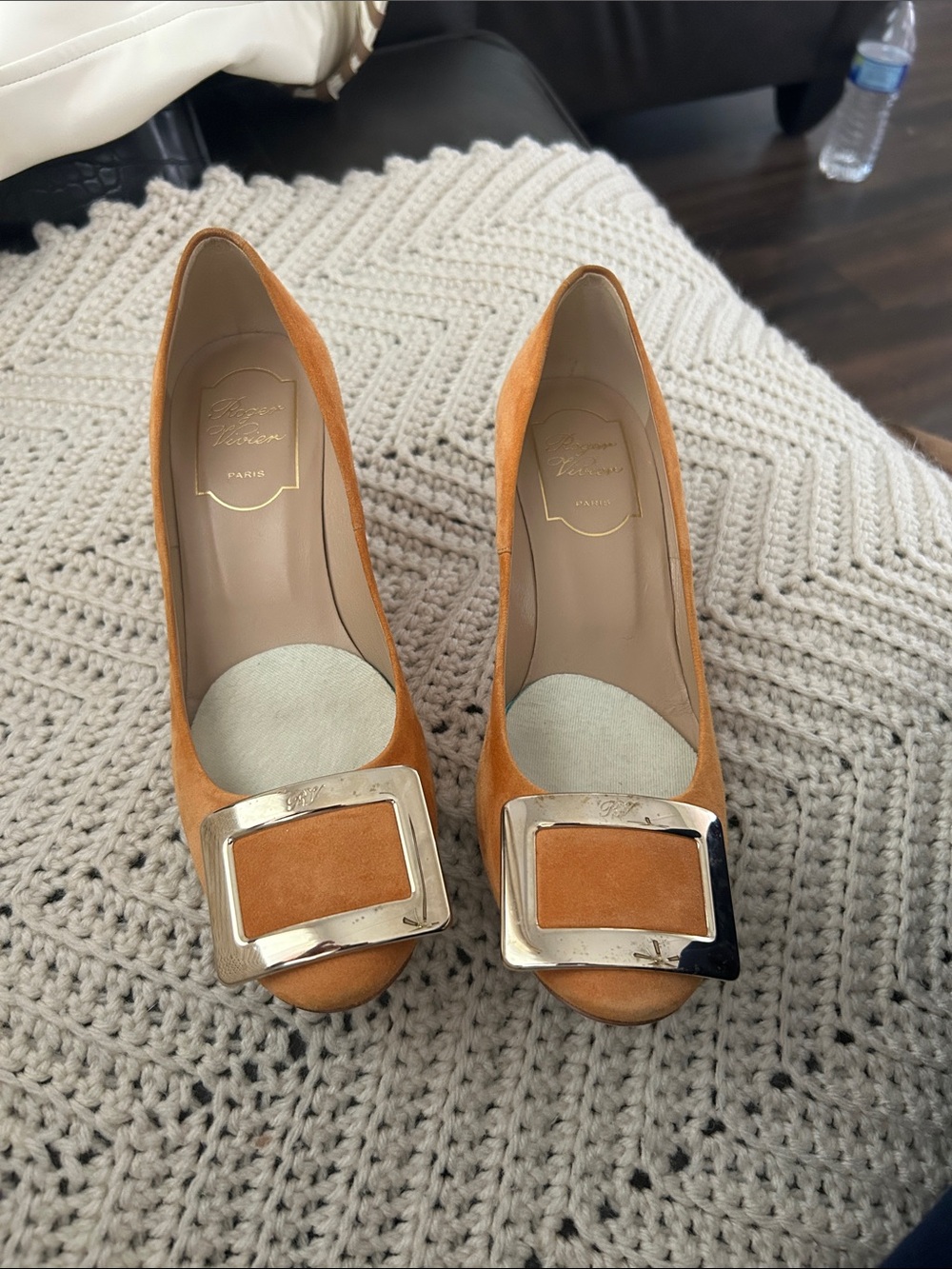 Roger Vivier Orange Suede Buckle Pumps with Gold Hardware